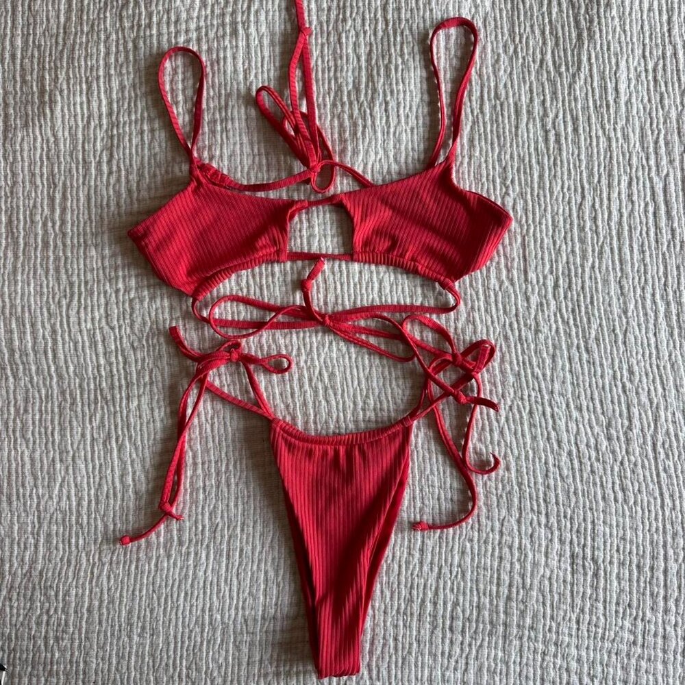 TAI Swim Thong Bikini Red Lehua Medium Hawaii Eco String Cheeky Neon Beach Surf